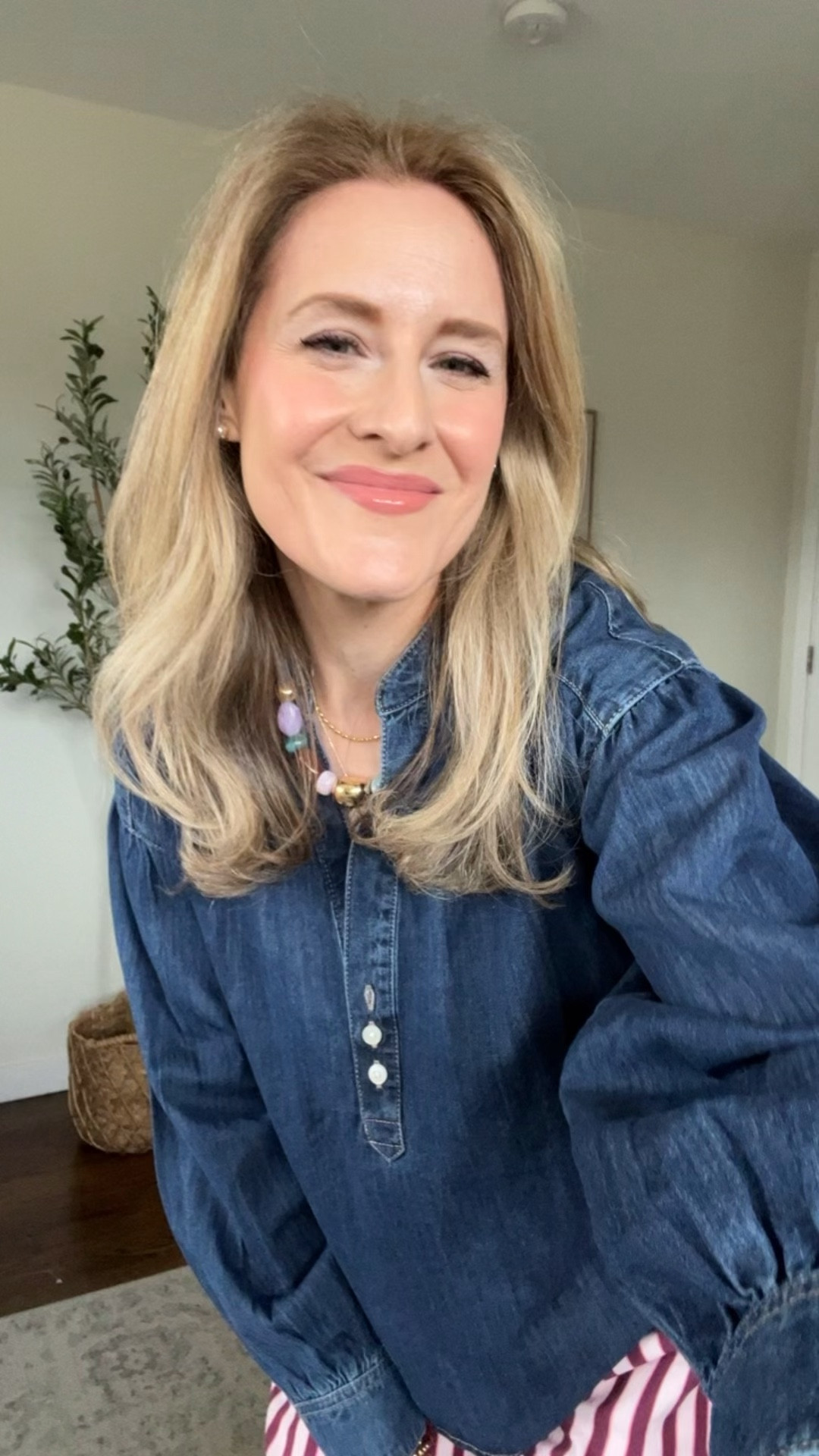 Try a chambray or denim shirt with these fun striped cotton beach pants for a spring summer vacation outfit idea. Small in the top and I went up to medium in the pants. #walmartfashion 

#LTKOver40