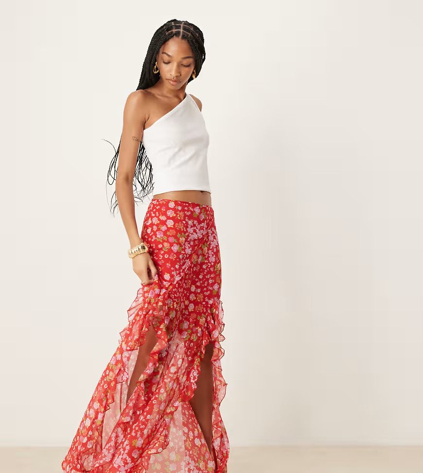 ASOS DESIGN Tall chiffon ruffle maxi skirt in floral print-Multi | ASOS (Global)