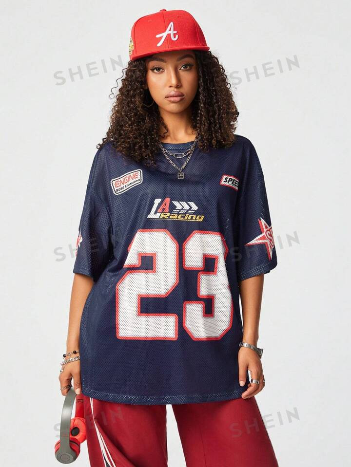 SHEIN Coolane Women's Summer Streetwear Sports Number Graphics Athletic Dark Blue Over Size Jerse... | SHEIN