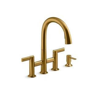 KOHLER Otira 2-Handle Bridge Pull-Down Kitchen Faucet with Soap Dispenser and Sweep Spray in Brus... | The Home Depot