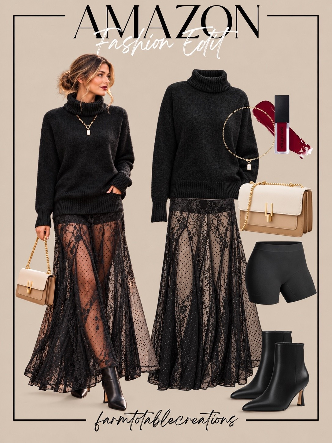 Amazon Elevated Fall Date Night Look 🖤✨

This Amazon fall outfit is such a pretty mix of cozy and dressy. The oversized black turtleneck paired with the sheer lace maxi skirt gives the look that perfect balance of soft, feminine, and a little dramatic.

I love the nude structured bag, gold jewelry, deep berry lip, and sleek black ankle boots with it. The fitted shorts underneath make the sheer skirt feel much more wearable while still keeping the layered look. Perfect for dinner, drinks, a fall event, or a dressed-up date night.

Follow @farmtotablecreations on Instagram for more cozy home finds and trending decor.

#LTKStyle #LTKFashion #AmazonFashion #AmazonFinds #AmazonStyle #FallDateNight #FallFashion #LaceSkirt #TurtleneckStyle #DressyCasual #EveningOutfit #AutumnStyle #BlackOutfit #DateNightLook #FallOutfitIdeas