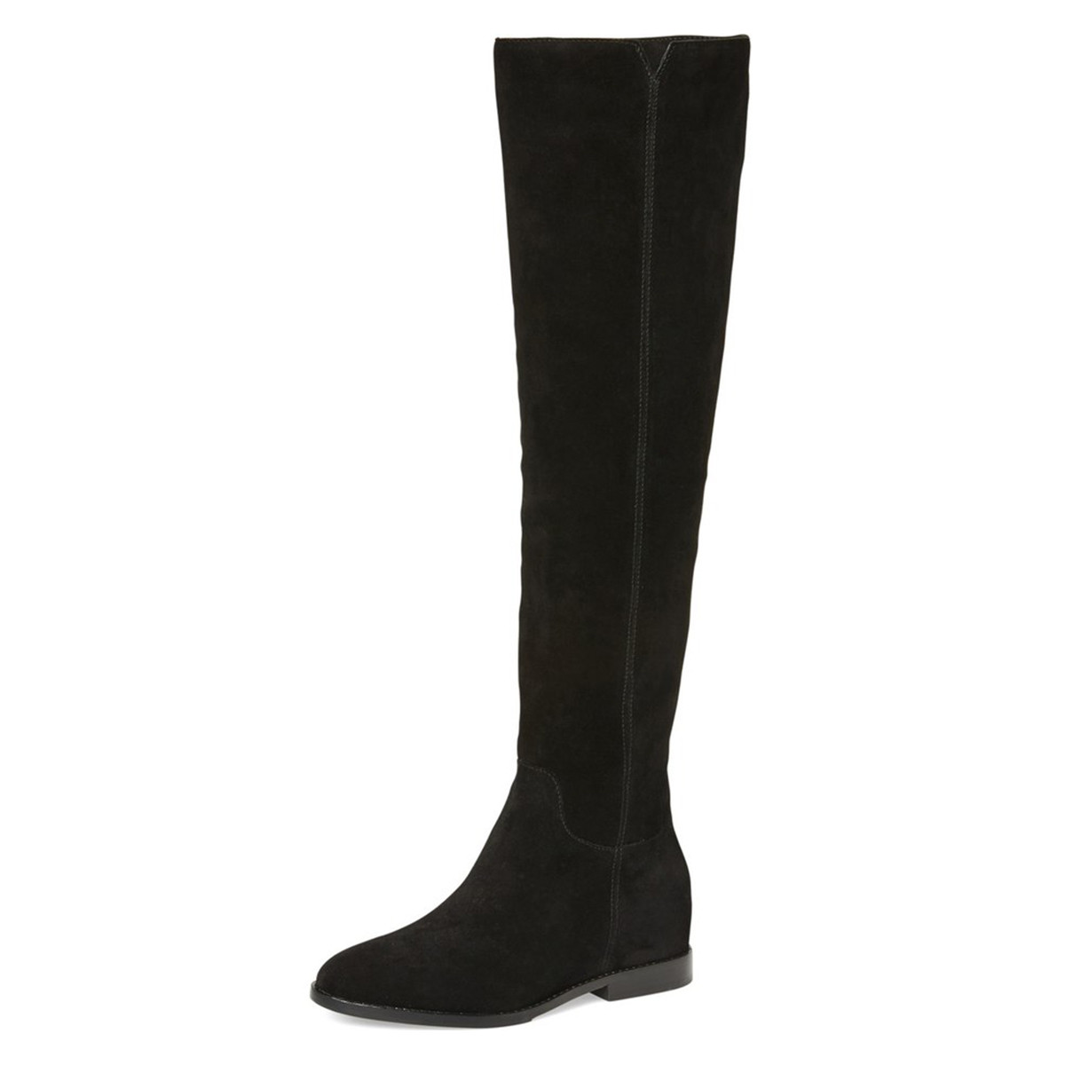 Classic Black Vegan Suede Flat Knee-High Boots for Women | FSJshoes