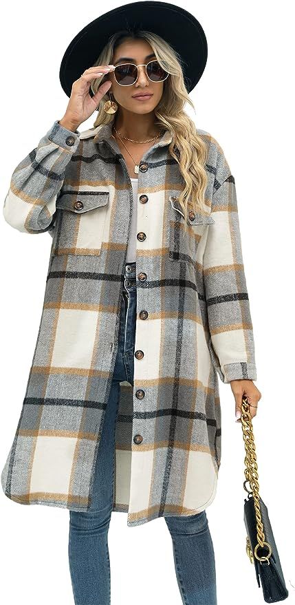 Amazon.com: PUWEI Women's Long Flannel Plaid Jacket Shacket Cozy Lapel Button Down Shirt Jacket F... | Amazon (US)