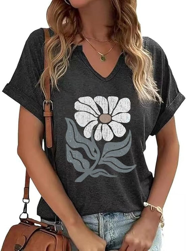 Vintage Flowers V Neck Shirt for Women Boho Floral Wildflowers Graphic Tee Casual Cottagecore Sum... | Amazon (US)