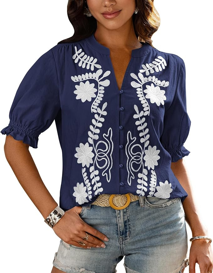 BTFBM Women's 2025 Summer Tops Casual Floral Boho V Neck Puff Short Sleeve Button Down Shirts Emb... | Amazon (US)