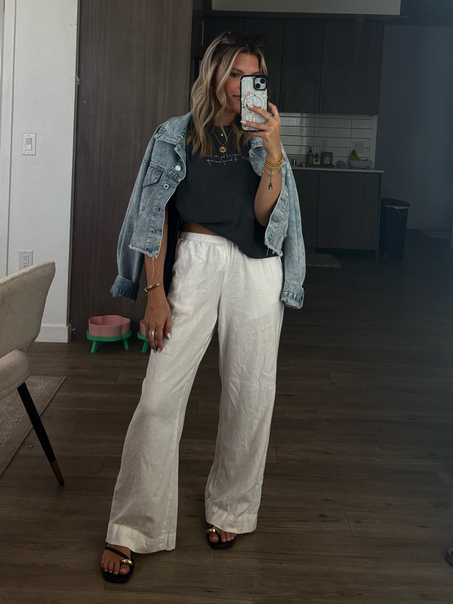 Lenin pants, muscle tee, denim jacket and sandals for brunch 

#LTKStyleTip #LTKPetite