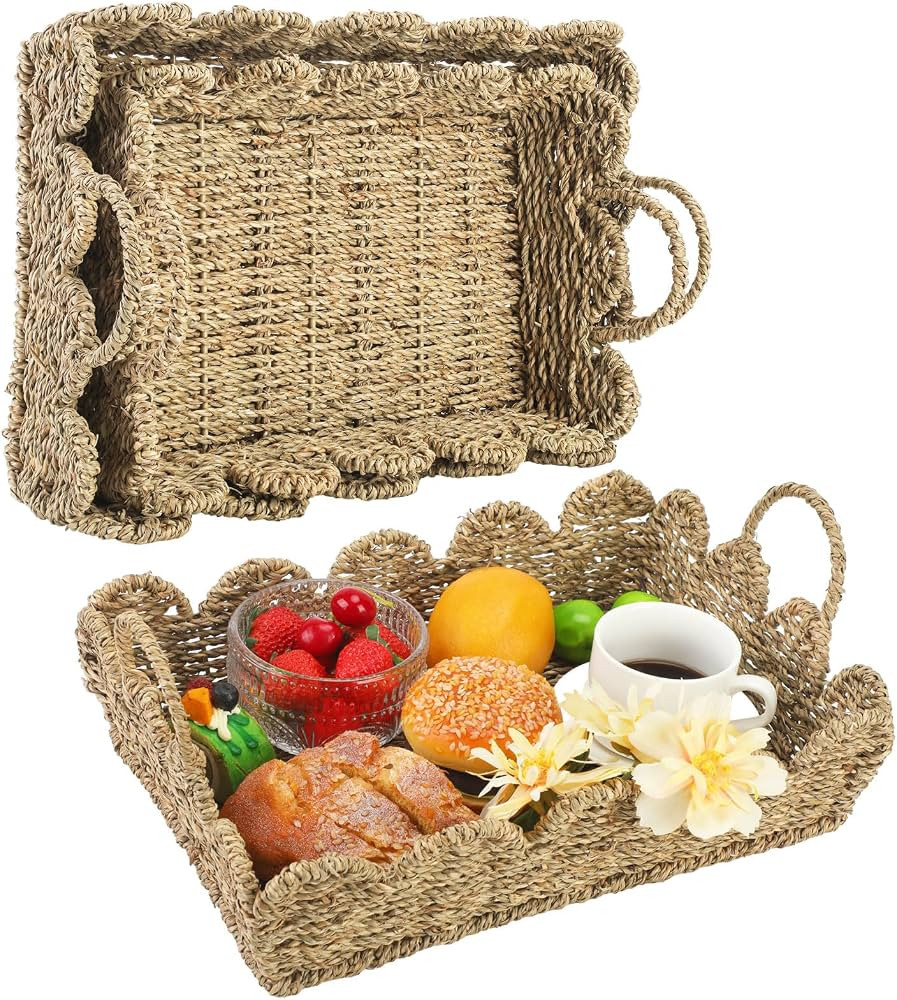 2 Pcs Seagrass Serving Tray with Handle Wicker Woven Decorative Tray with Scalloped Edge Woven Ba... | Amazon (US)