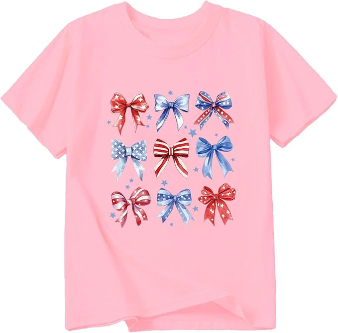 Girl American Flag Shirts Bow Tshirt 4th of July Shirt Cotton Short Sleeve Tees 2-12 Years | Amazon (US)