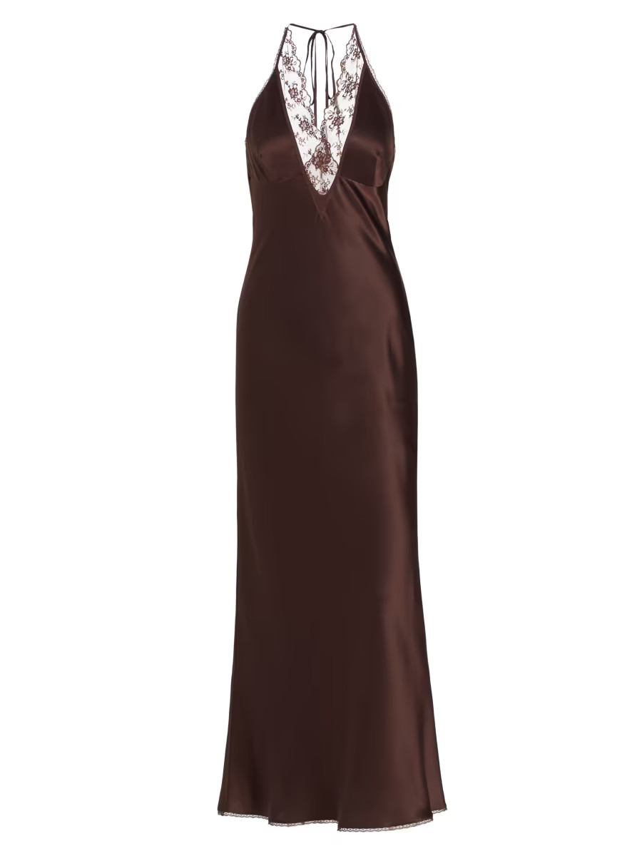 Aries Lace-Trimmed Silk Halterneck Gown | Saks Fifth Avenue