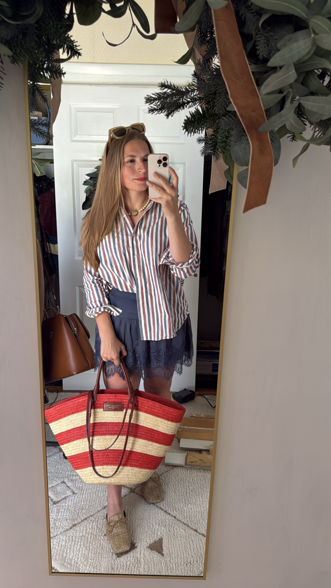 Americana, summer fashion, skort, lace skirt, basket bag, American fashion, ootd, striped shirt, red lipstick, vintage style sunglasses

#LTKSeasonal #LTKWorkwear #LTKootd