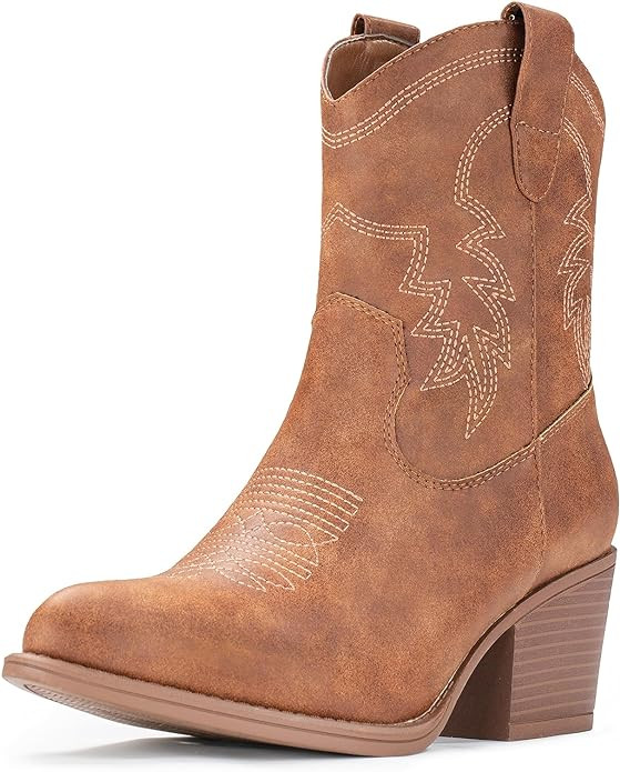 IXU Cowboy Boots for Women Ankle Cowgirl Booties Wide Mid Calf Pointed Toe Western Boots Short Ch... | Amazon (US)