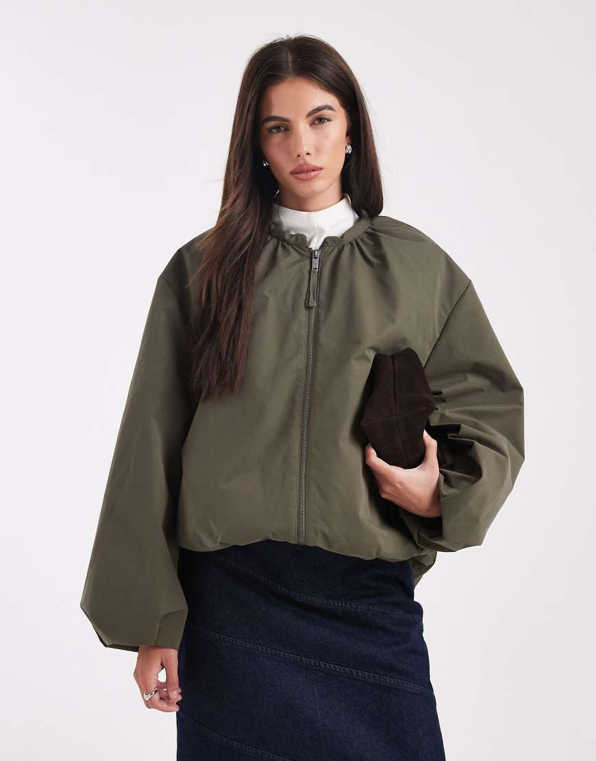 ASOS DESIGN oversized bubble hem bomber jacket in olive-Green | ASOS (Global)