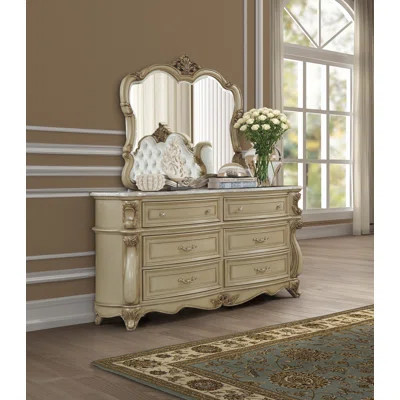 Monique 6-Drawer Solid Wood Dresser with Mirror in Champagne | Wayfair North America