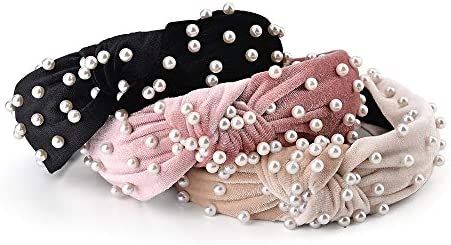 3 Pack Velvet Wide Headbands Knot Turban Headband Vintage Hairband with Faux Pearl Elastic Hair H... | Amazon (US)