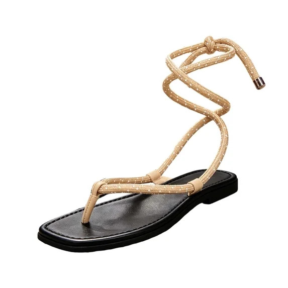Uobin Rope Flat Sandals for Women Strappy Open Toe Thong Sandals Adjustable Ankle Strap Summer Be... | Walmart (US)
