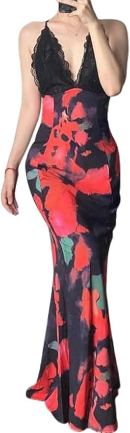 XPONNI Y2K Backless Wedding Guest Dress Sheer Lace Tie Dye Vacation Maxi Dress Resort Beach Long ... | Amazon (US)