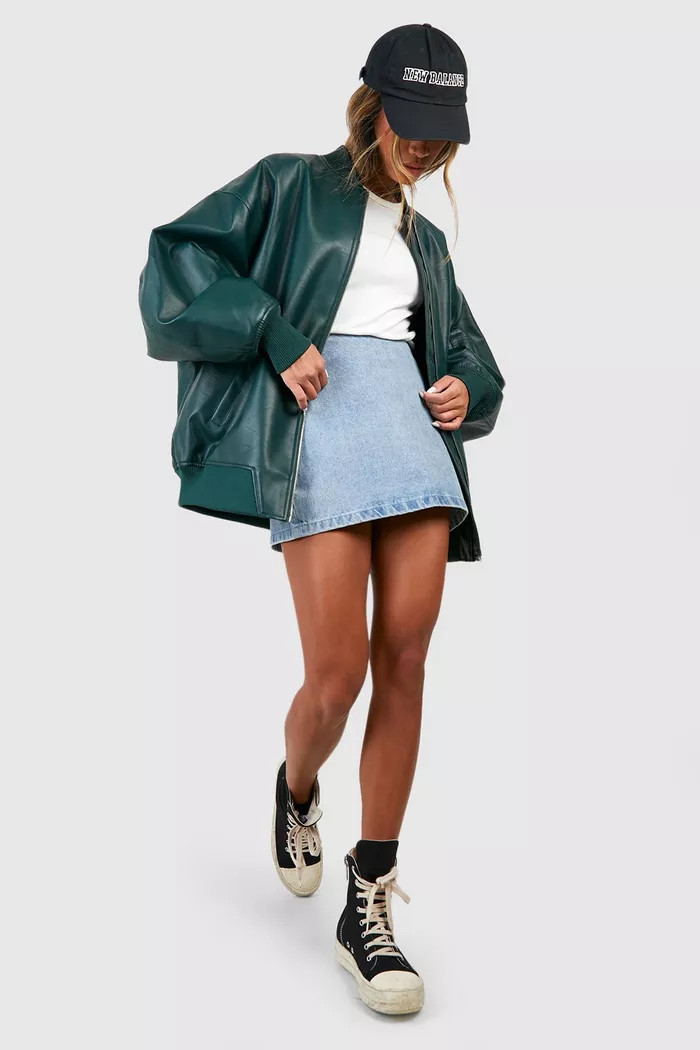 Oversized Faux Leather Bomber Jacket | boohoo (US & Canada)