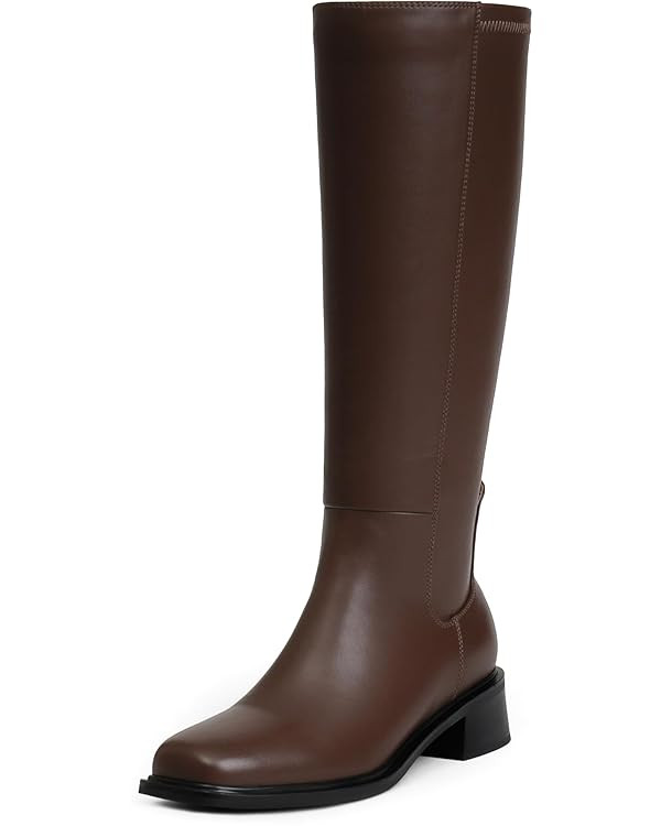 Knee High Boots Women Faux Leather Elastic Boots Low Heel Square Toe Side Zipper Fall Long Tall B... | Amazon (US)