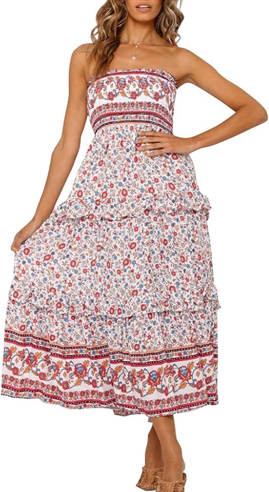 ZESICA Women's Summer Bohemian Floral Printed Strapless Beach Party Long Maxi Dress | Amazon (US)