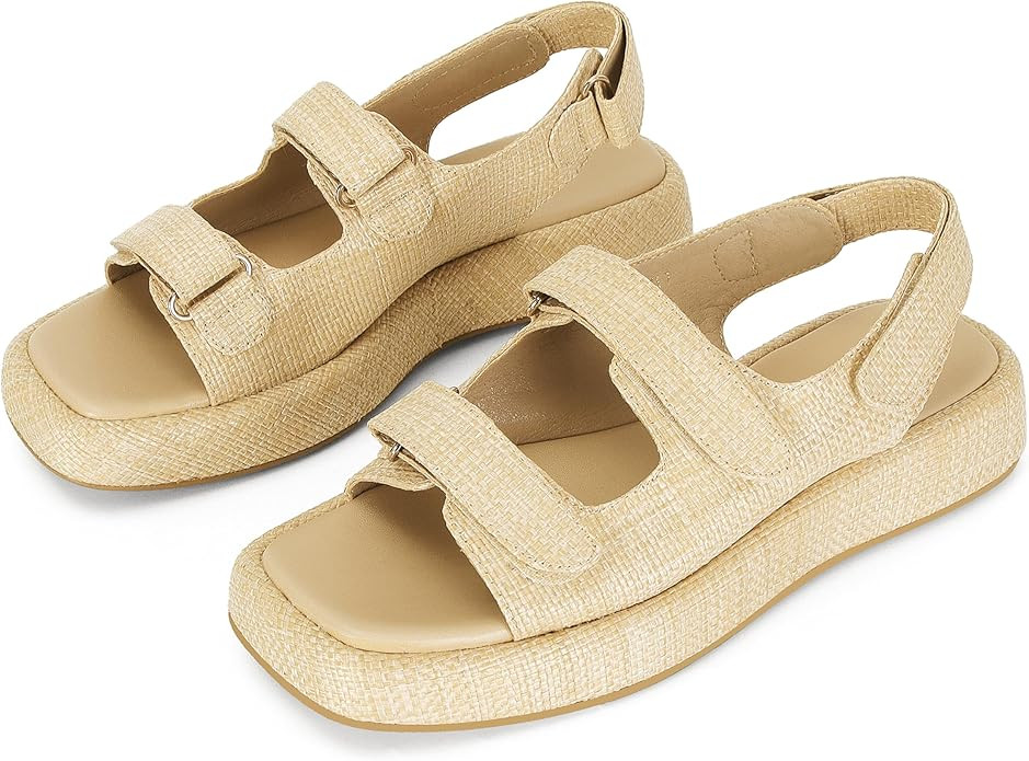 Raffia Sandals for Women Platform Summer Open Toe Slingback Lace Beach with Adjustable Double Buc... | Amazon (US)