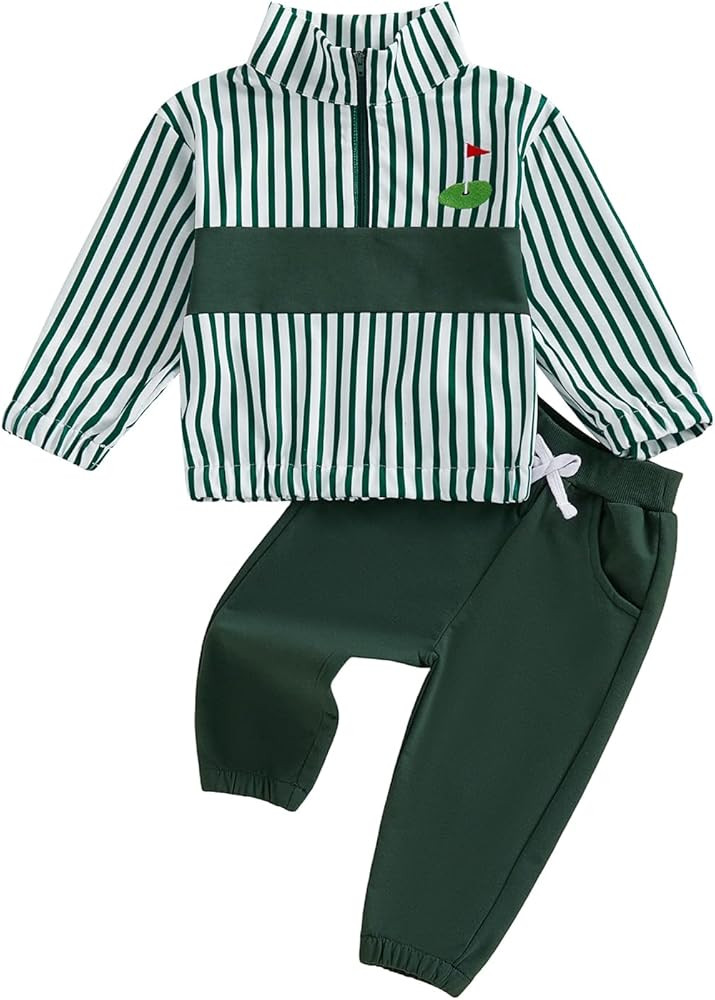 Toddler Baby Boy Golf Outfit Long Sleeve Striped Zipper Jacket Collard Shirt Tops Pants 2Pcs Clot... | Amazon (US)