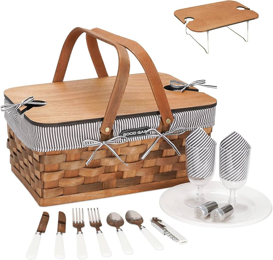 Woodchip Picnic Basket for 2 with Portable Wine Table, Woven Basket with Double Swing Handles & R... | Amazon (US)