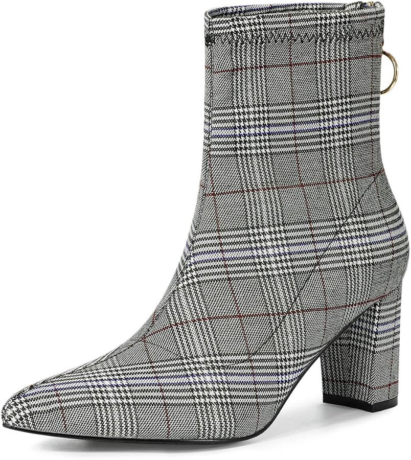 Allegra K Women's Pointed Toe Zipper Chunky Heels Ankle Boots | Amazon (US)