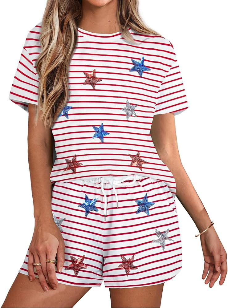 VILOVE 4th of July 2 Piece Sequin Outfits Women Star Stripe Shirts and Short Sets Casual Patrioti... | Amazon (US)