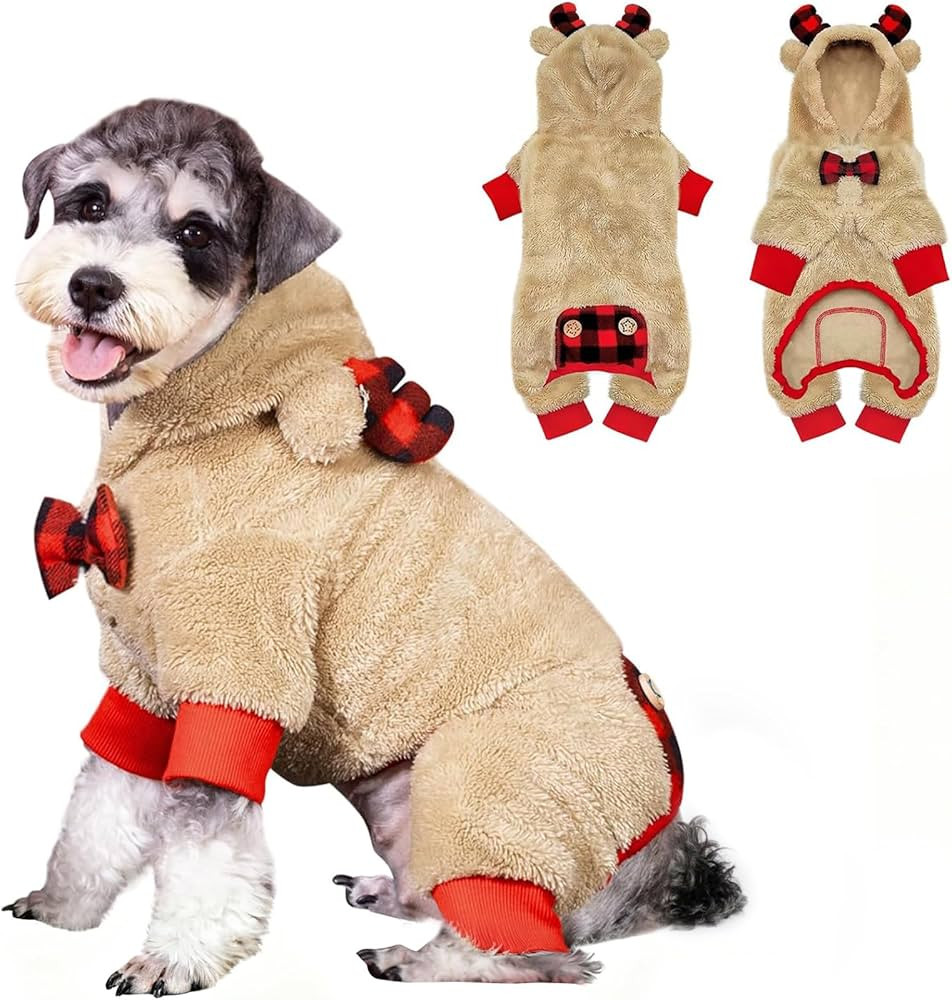 KYEESE Dog Christmas Pajamas with Reindeer Antler Hood, Warm and Cozy Dog Pjs for Small Dogs, Red... | Amazon (US)