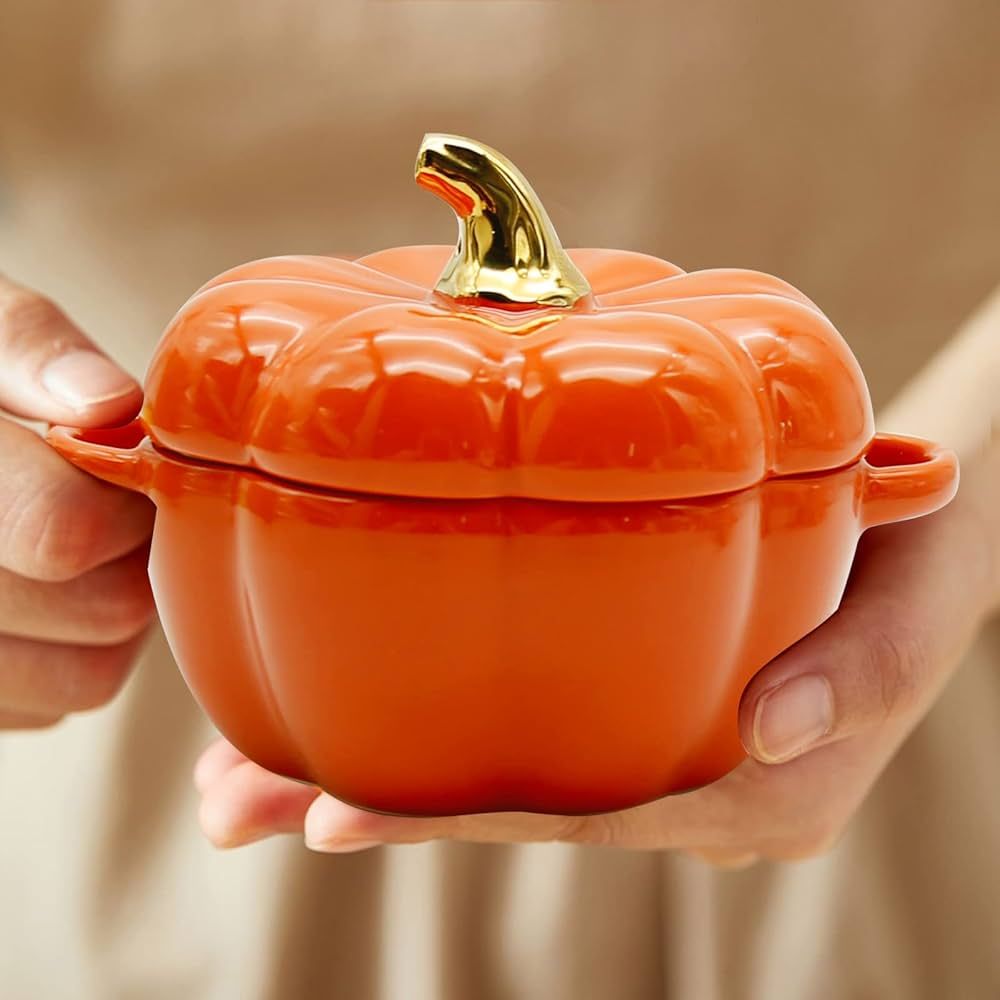 Orange Ceramic Pumpkin Soup Bowl with Lid, Pumpkin Soup Bnowl,Ceramic Stew Pot Pumpkin Shape Stor... | Amazon (US)