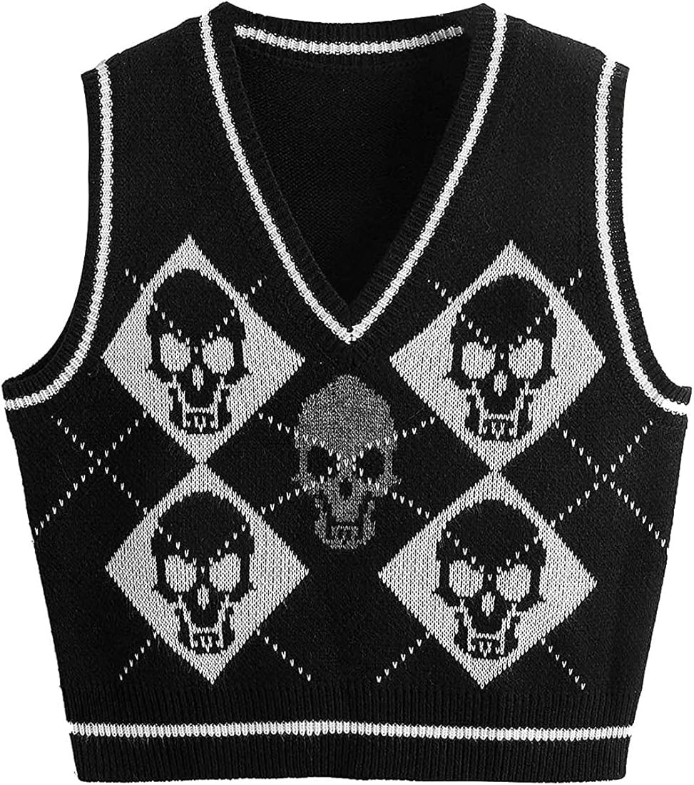 NUFIWI Y2K Women Halloween Skeleton Skull Sweater Vest Sleeveless V Neck Goth Harajuku Cyber Y2K ... | Amazon (US)