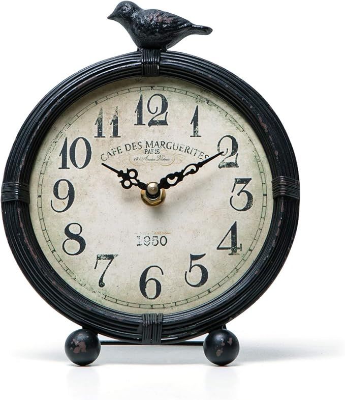 NIKKY HOME Vintage Cottage Metal Table Clock with Bird, 6.8 by 2 by 8.5 Inches, Black | Amazon (US)