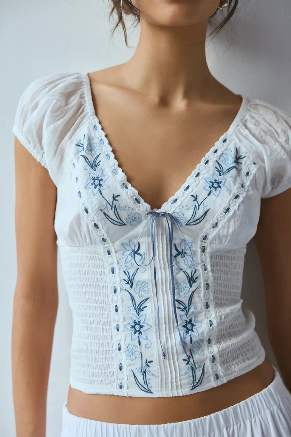 Kimchi Blue Nova Embroidered Smocked Crop Top | Urban Outfitters (US and RoW)