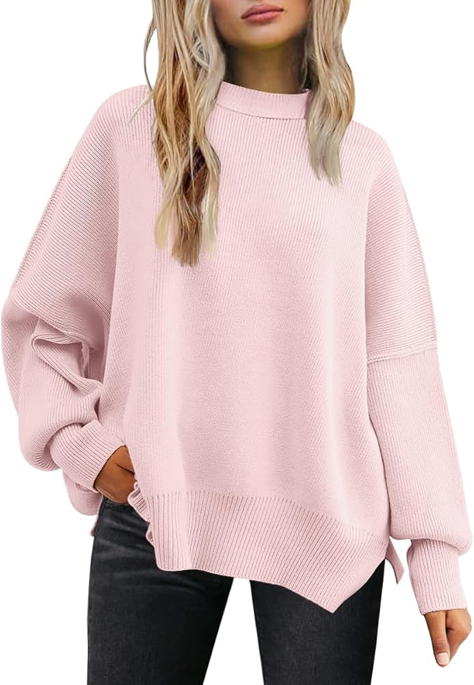LILLUSORY Women's Oversized Batwing Sweaters 2026 Fall Outfits Trendy Crewneck Knit Side Slit Fas... | Amazon (US)