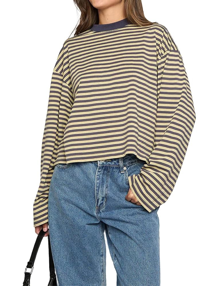 Striped Long Sleeve Shirt Women Oversized Sweatshirt Baggy Tee Shirts Crewneck Pullover Y2K Tops | Amazon (US)