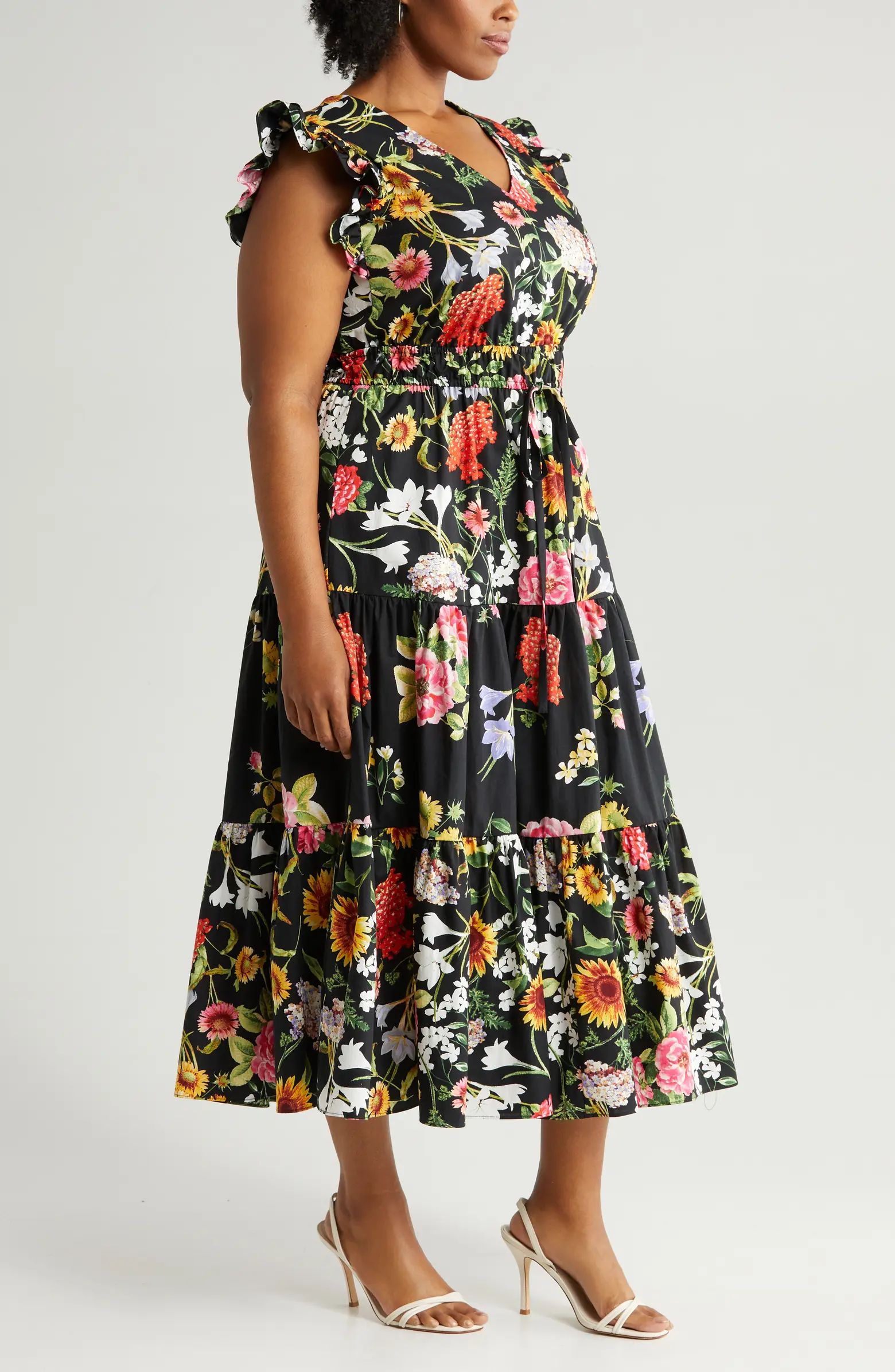Anne Klein Floral Ruffle Drawstring Waist Cotton Maxi Dress | Nordstrom | Nordstrom
