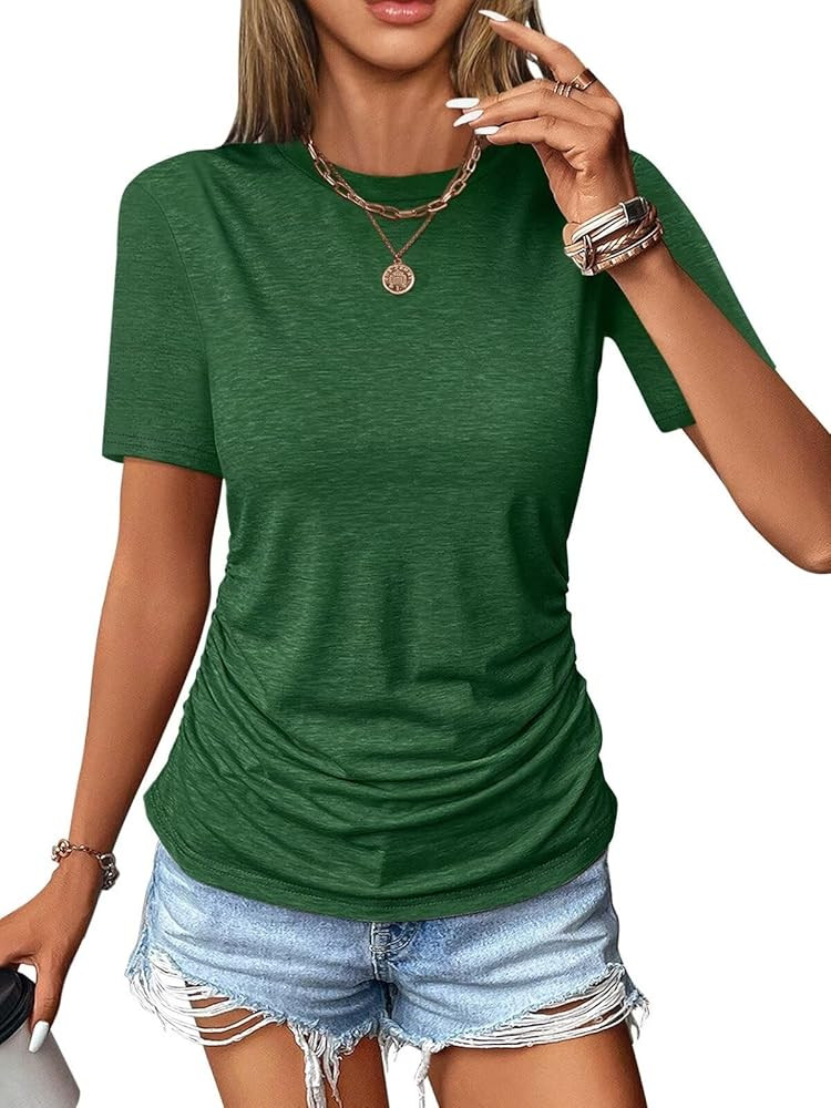 Womens Ruched Tops Short Sleeve Crewneck T Shirts Dressy Casual Spring Summer Tops for Women 2024 | Amazon (US)