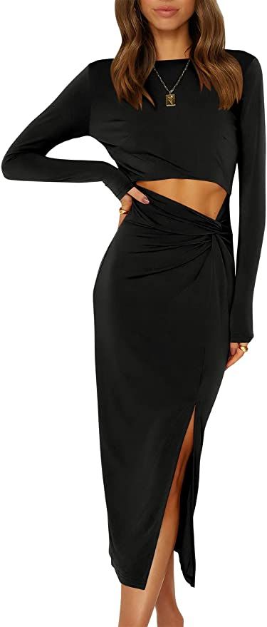 ANRABESS Women's Long Sleeve Crewnenk Twist Cutout High Waist Elegant Formal Slim Fit Slit Midi D... | Amazon (US)