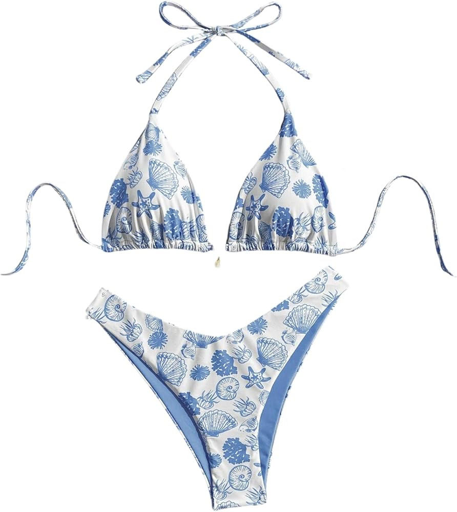 Women's 2 Piece Bathing Suit Seashell Print String Triangle Thong Bikini Swimwear | Amazon (US)