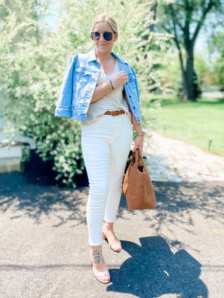 What I wore to a baby shower. Casual chic option perfect for chilly weather or AC. neutral and clean. White denim. PVC clear block heel cork sandals. Cropped denim jacket and a sweater tank  

#LTKFind #LTKstyletip #LTKSeasonal