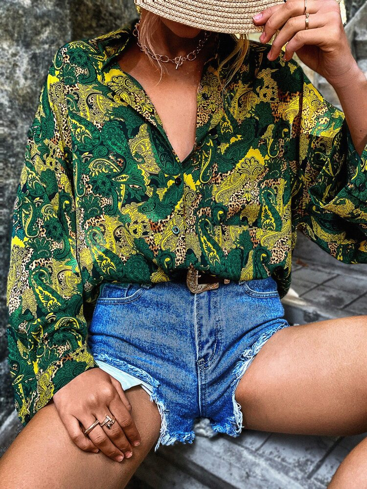 Paisley Print Pocket Front Drop Shoulder Blouse | SHEIN