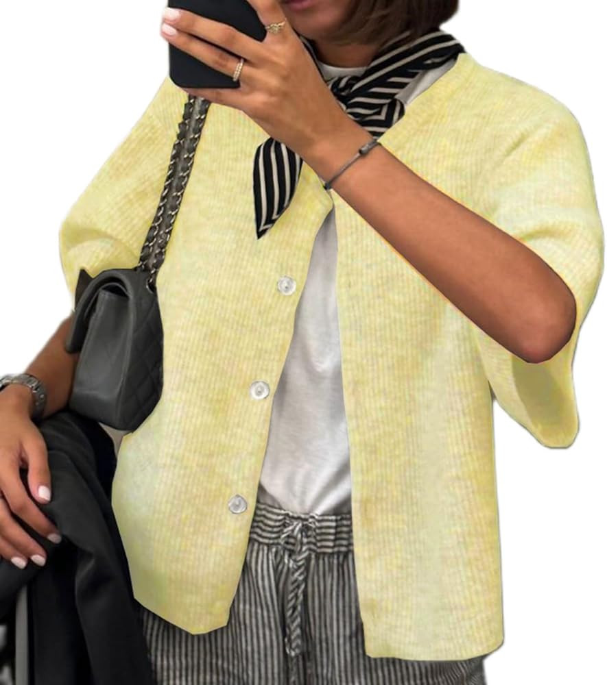 ICNGLKSND Women's Short Sleeve Cardigan Button Down Open Front Crewneck Sweaters Knit Solid Crop ... | Amazon (US)