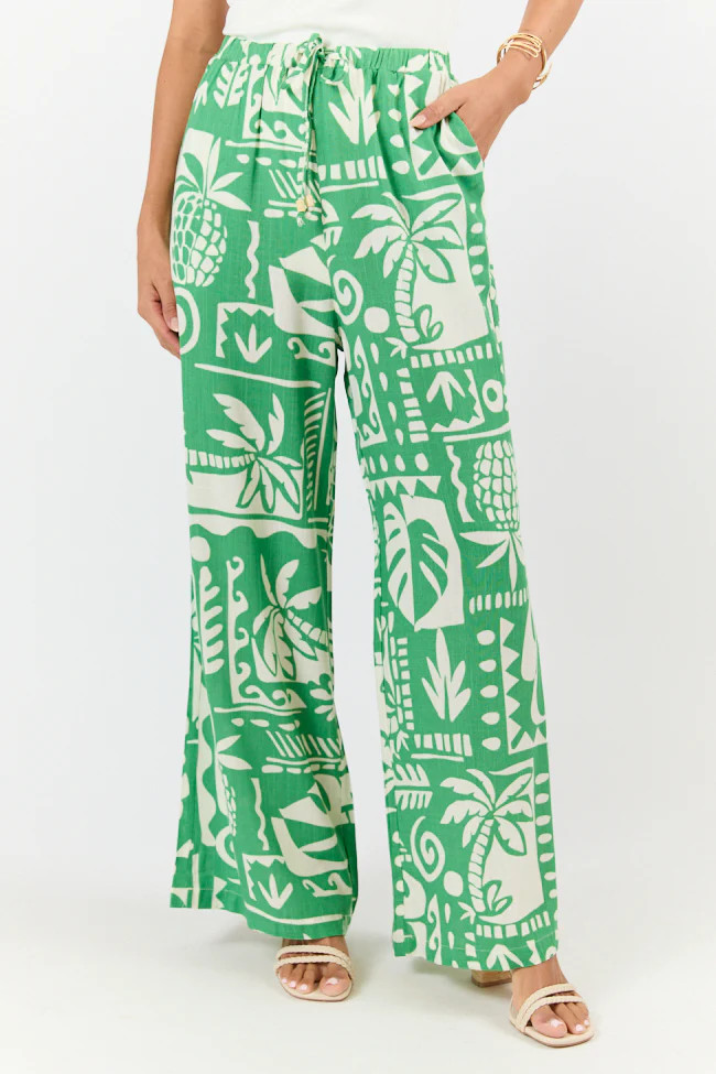 Island Escape Green Printed Pull On Pants | Pink Lily