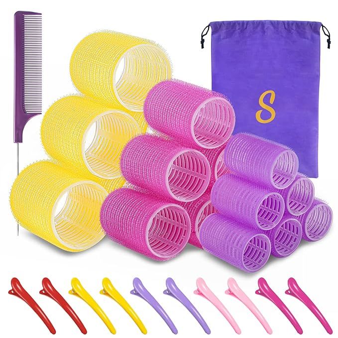 Self grip hair roller set,Hair roller set 18 pcs,Heatless hair curlers,Hair rollers for Long hair... | Amazon (US)