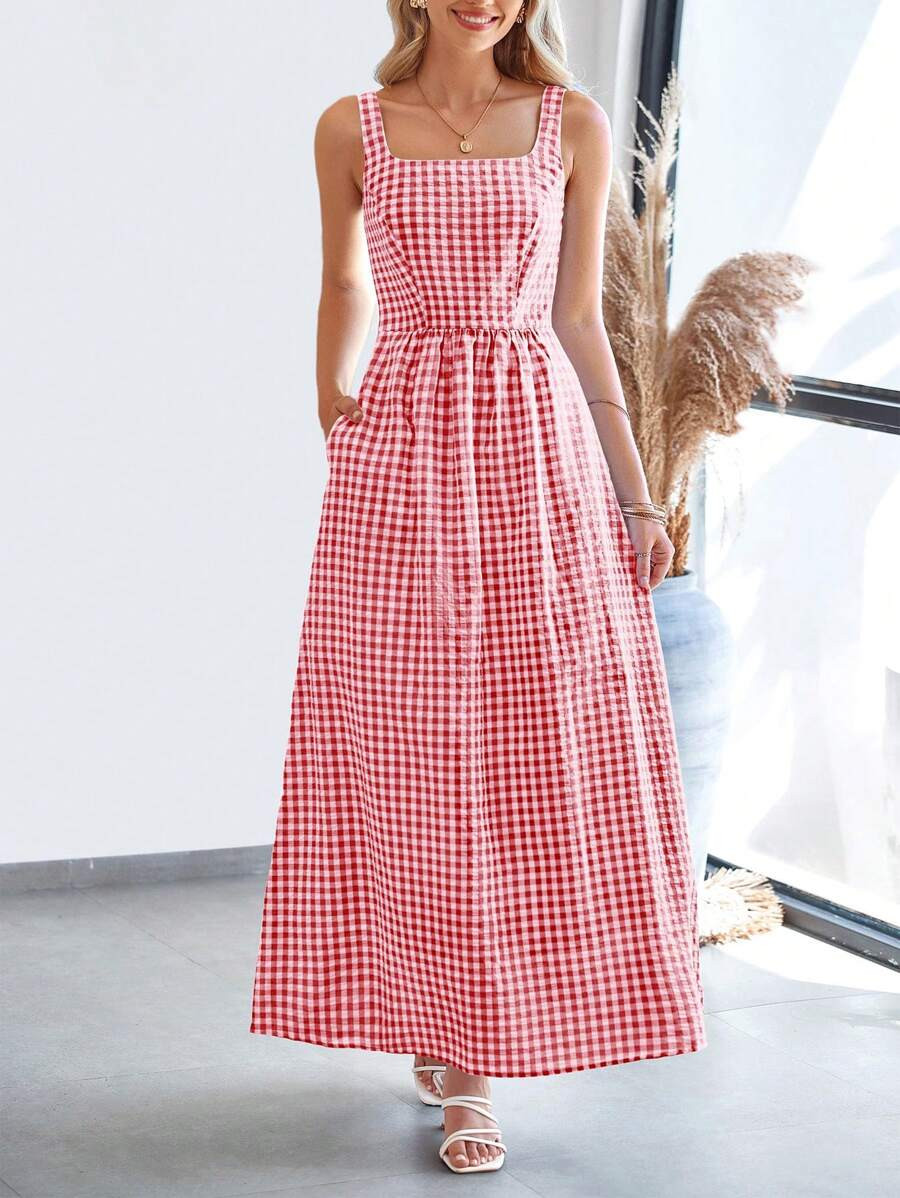 Christmas Women's Summer Long Skirt With Waist Waist And Thin Shoulders Plaid Square Collar A-Lin... | SHEIN