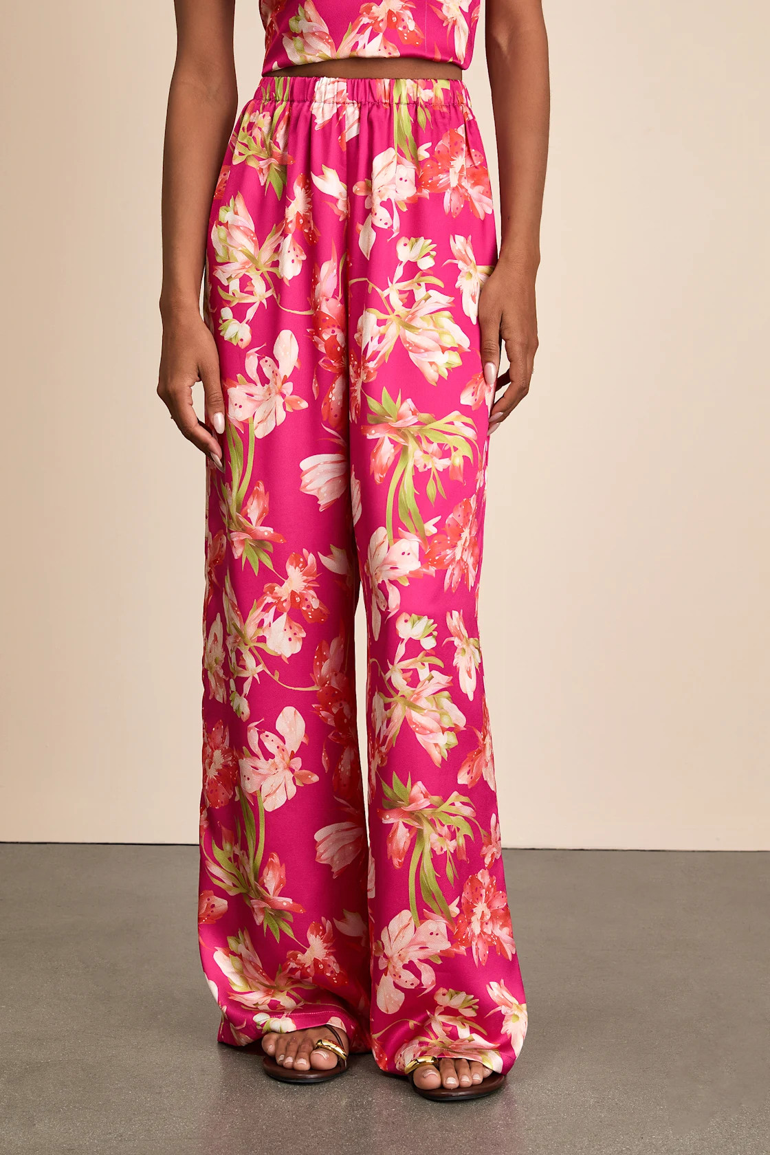 Zelimah Fuchsia Floral Satin Wide-Leg Pants | Lulus