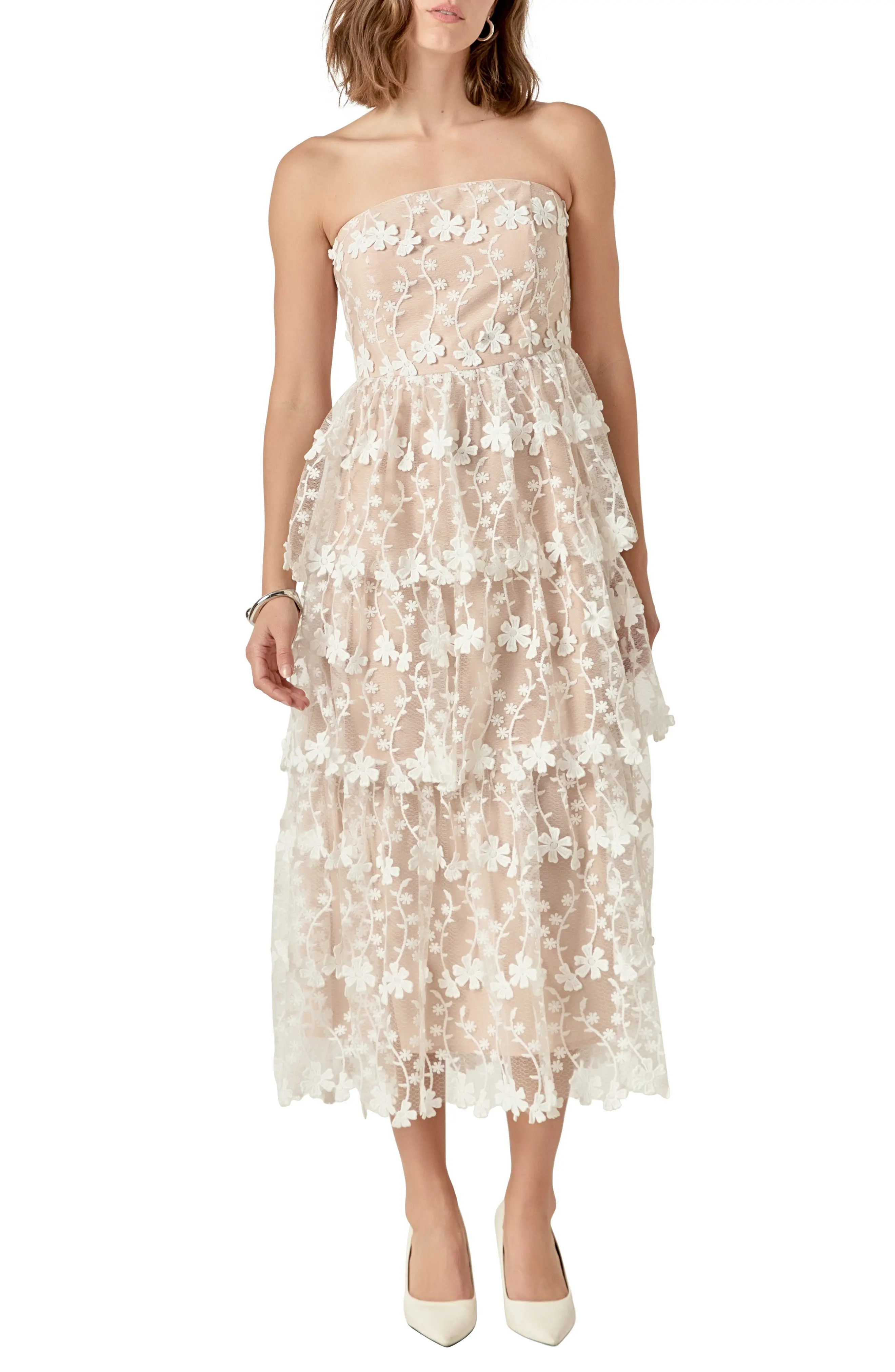 Endless Rose Floral Appliqué Strapless Dress in White at Nordstrom, Size Large | Nordstrom