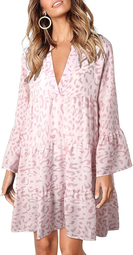 Dokotoo Women's Fashion Summer V Neck Tunic Dress Casual Loose Babydoll Mini Swing Shift Dress | Amazon (US)