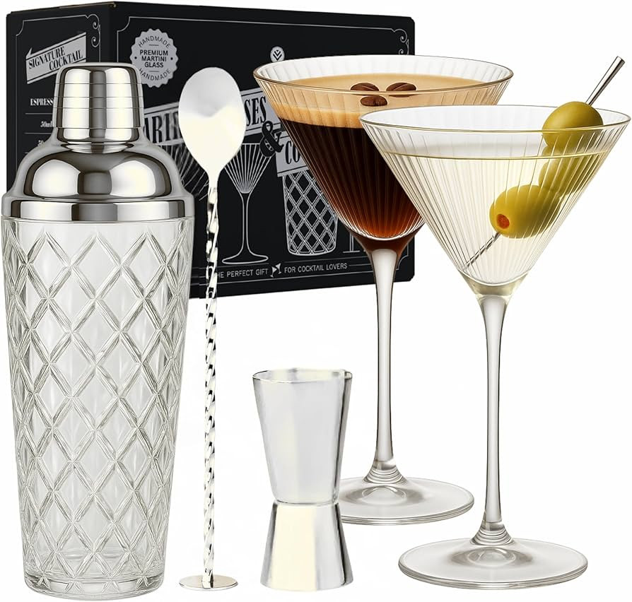 Vemacity Cocktail Shaker Set Glas mit Sieb (450ml) | 2 Ribbed Martini Gläser (280ml) + Silber Ba... | Amazon (DE)