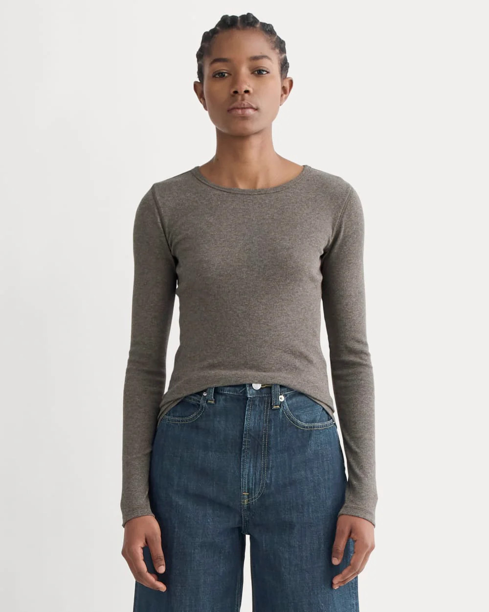 Luxe Rib Long-Sleeve Crew Neck Tshirt in Washed Heathered Fatigue, Cotton/Elastane | Everlane